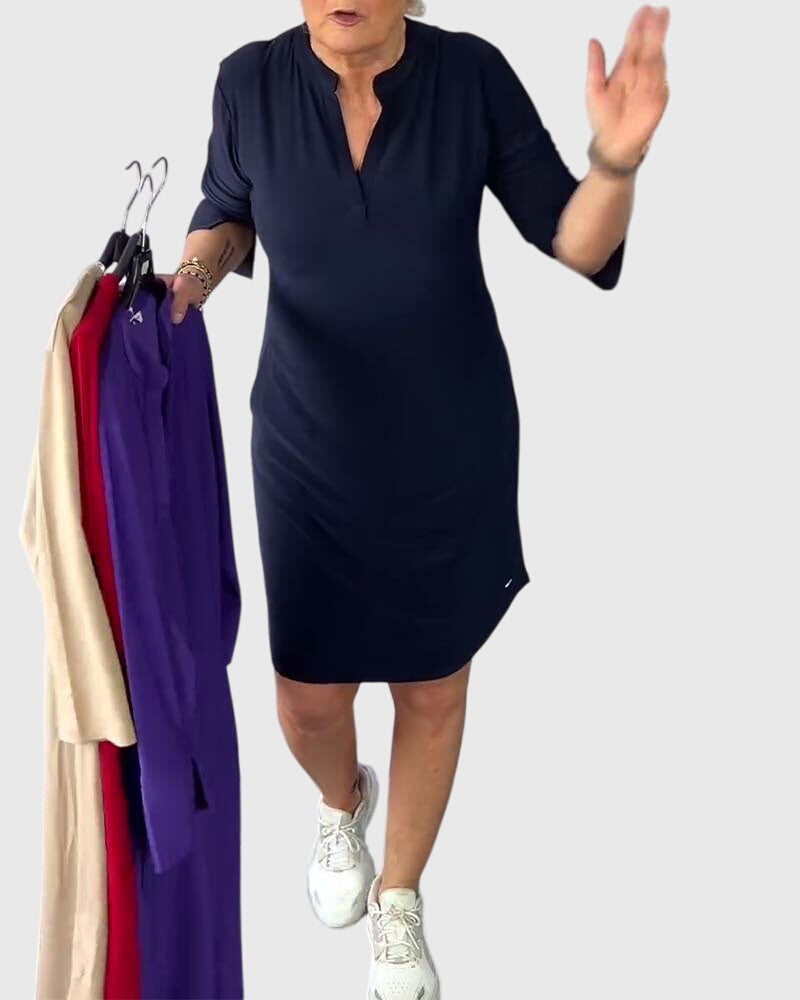 Katherine | Unifarbenes V-Ausschnitt-Kleid