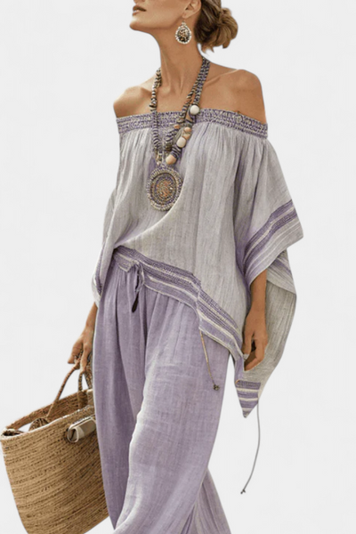 Zandrel | Elegantes Off-Shoulder-Top & Weite Streifenhose