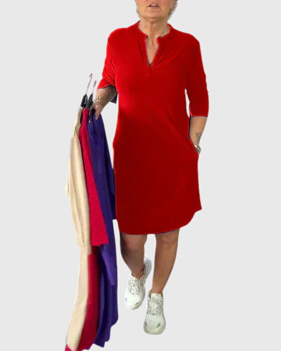 Katherine | Unifarbenes V-Ausschnitt-Kleid