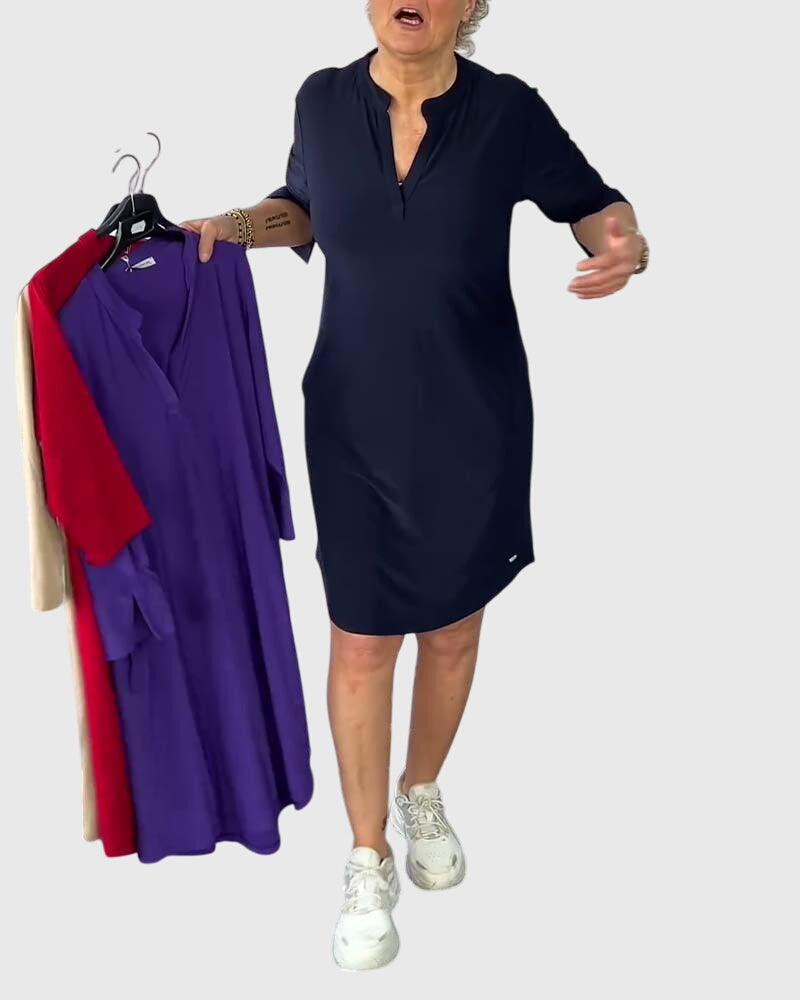 Katherine | Unifarbenes V-Ausschnitt-Kleid