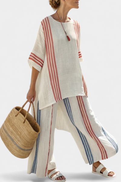 Solvane | Elegantes Multicolor Gestreiftes Top & Mediterrane Hose