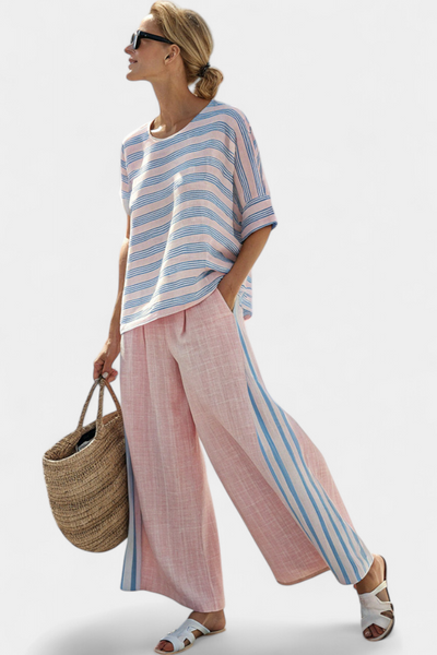 Virella | Elegante Bluse aus Leinen in Rosa-Blau & weiche Hose