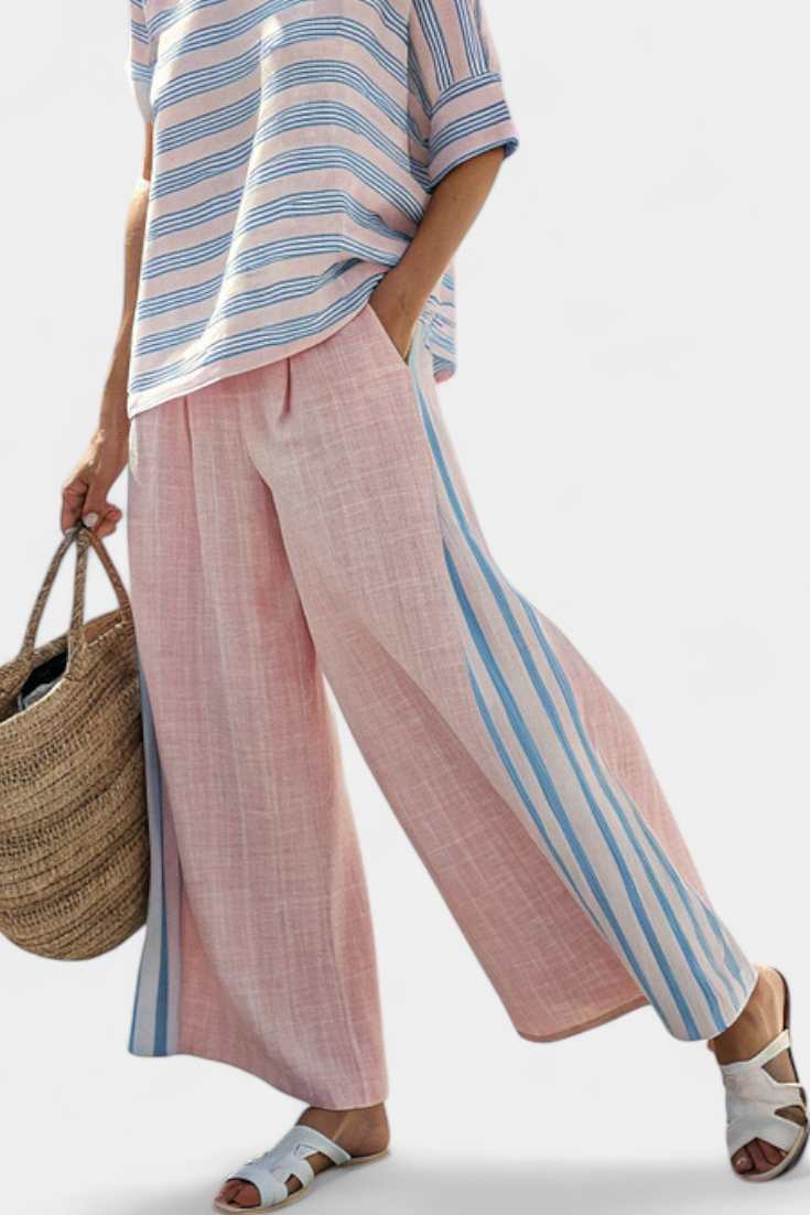 Virella | Elegante Bluse aus Leinen in Rosa-Blau & weiche Hose