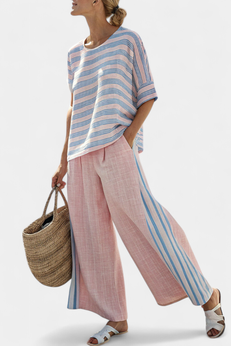 Virella | Elegante Bluse aus Leinen in Rosa-Blau & weiche Hose
