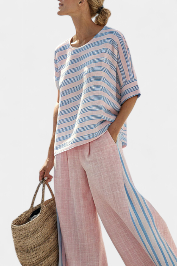 Virella | Elegante Bluse aus Leinen in Rosa-Blau & weiche Hose