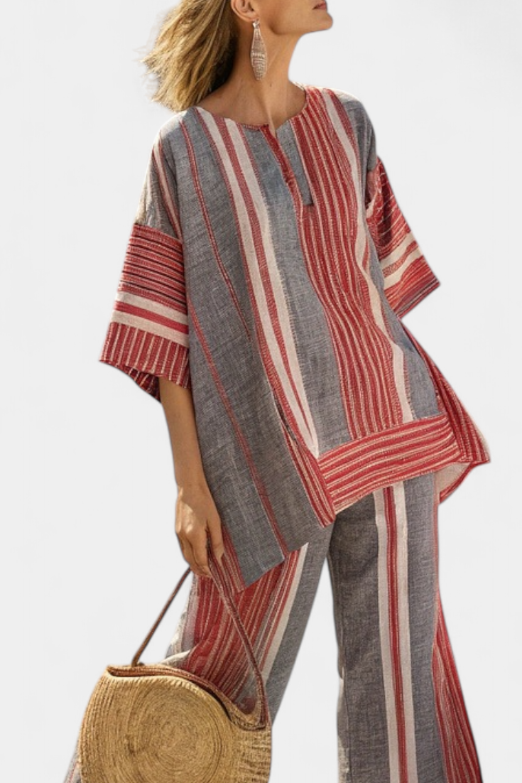 Bravine | Elegantes Korallen-Graues Leinen-Top & Weite Hose