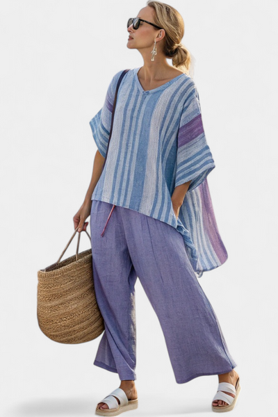 Zellora | Elegantes Lavendel- und Himmelblaues Top & Leinenhose