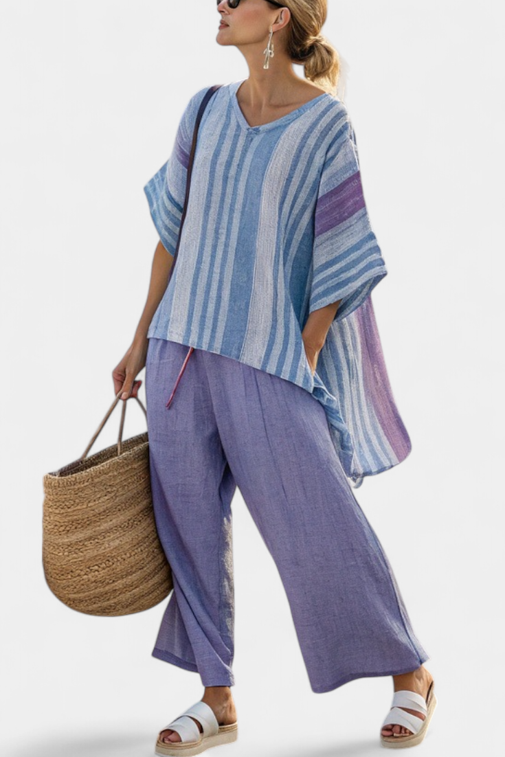 Zellora | Elegantes Lavendel- und Himmelblaues Top & Leinenhose