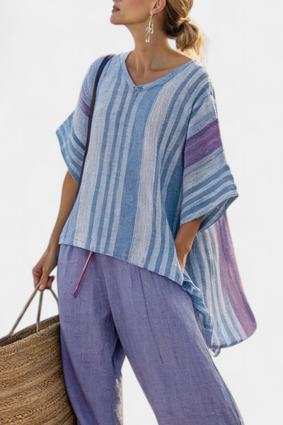 Zellora | Elegantes Lavendel- und Himmelblaues Top & Leinenhose