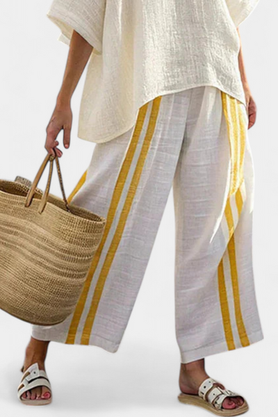Anselor | Elegantes gelb gestreiftes Leinen-Top & weite Hose