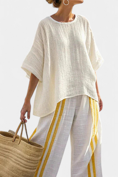Anselor | Elegantes gelb gestreiftes Leinen-Top & weite Hose