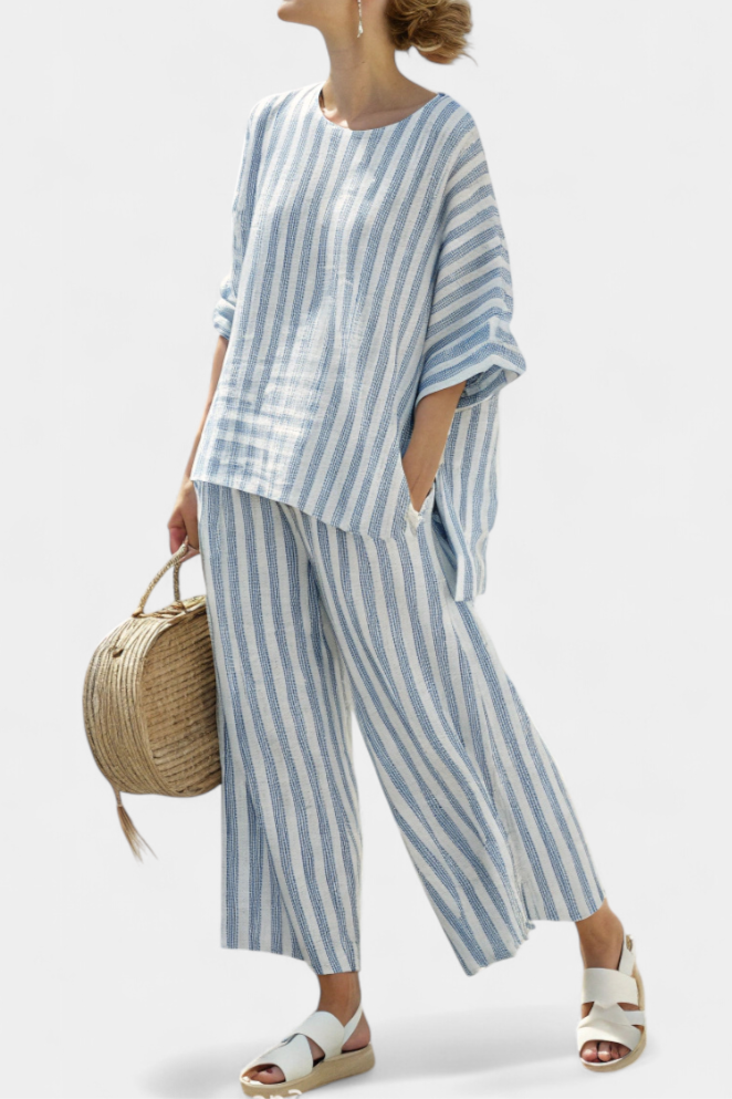 Rensleigh | Elegantes blau gestreiftes Leinenoberteil & entspannte Hose