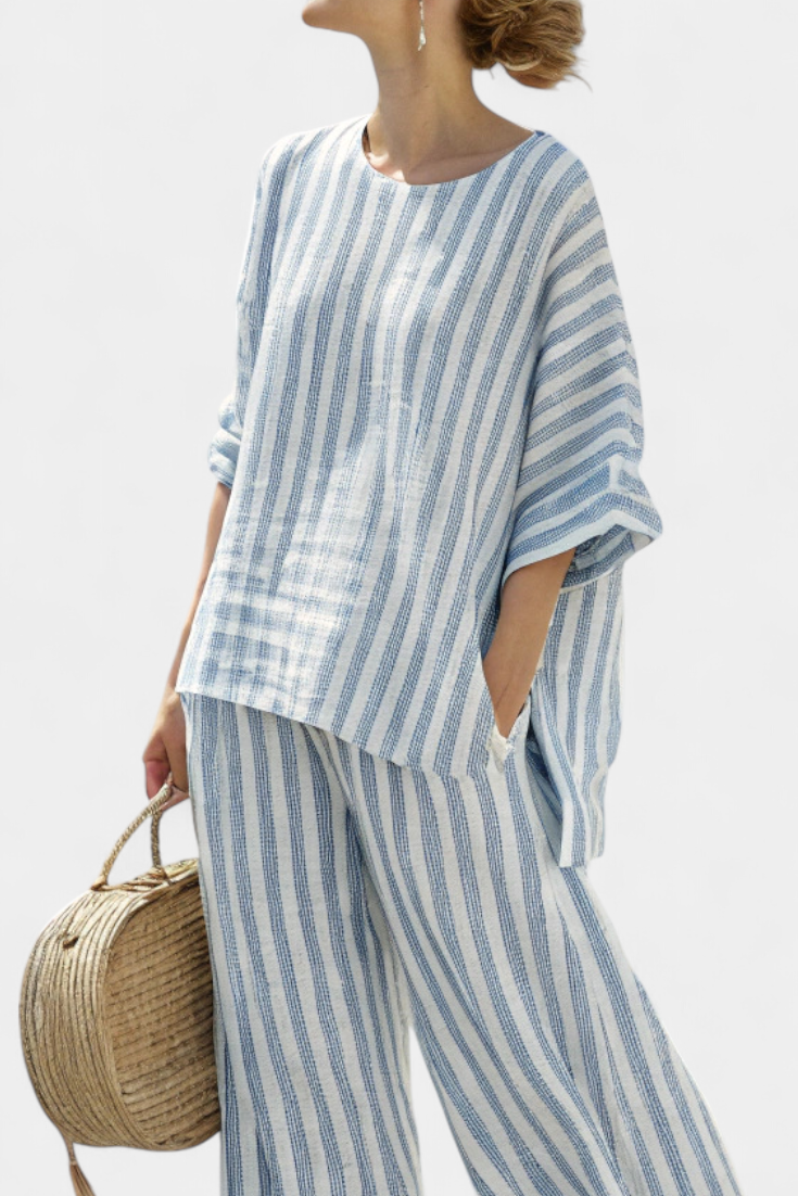 Rensleigh | Elegantes blau gestreiftes Leinenoberteil & entspannte Hose