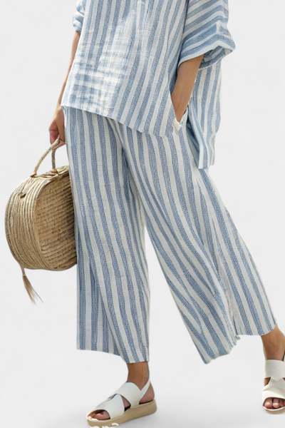 Rensleigh | Elegantes blau gestreiftes Leinenoberteil & entspannte Hose