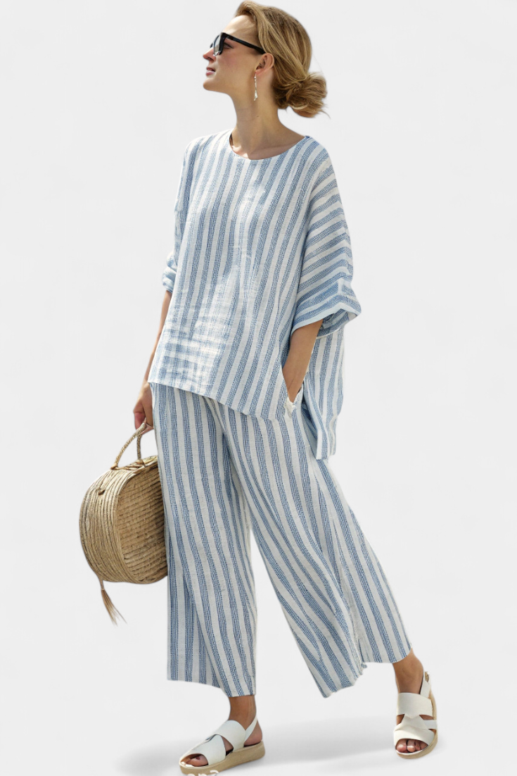 Rensleigh | Elegantes blau gestreiftes Leinenoberteil & entspannte Hose