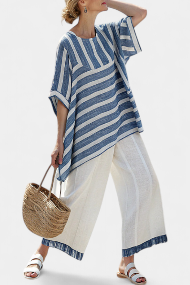 Corvielle | Elegantes blau gestreiftes Top & Hosen mit Saumdetails