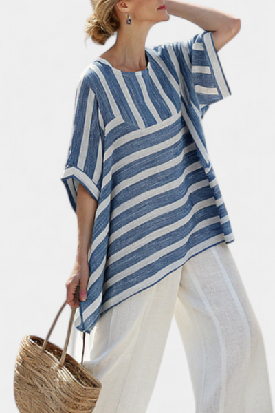 Corvielle | Elegantes blau gestreiftes Top & Hosen mit Saumdetails