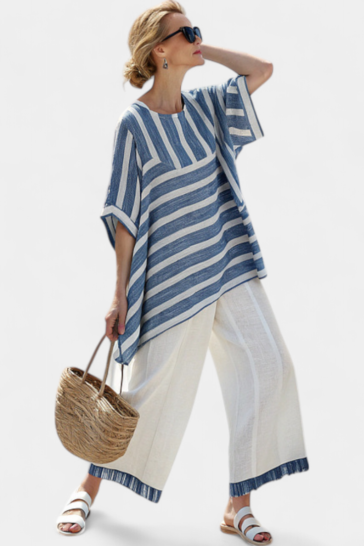 Corvielle | Elegantes blau gestreiftes Top & Hosen mit Saumdetails