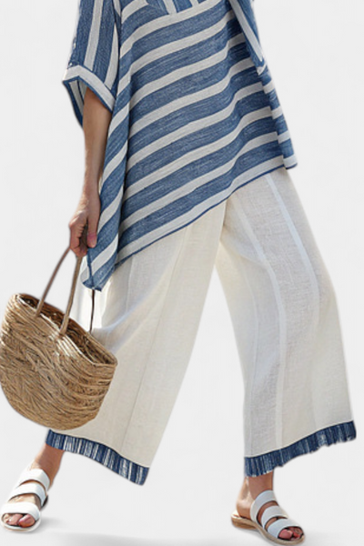 Corvielle | Elegantes blau gestreiftes Top & Hosen mit Saumdetails