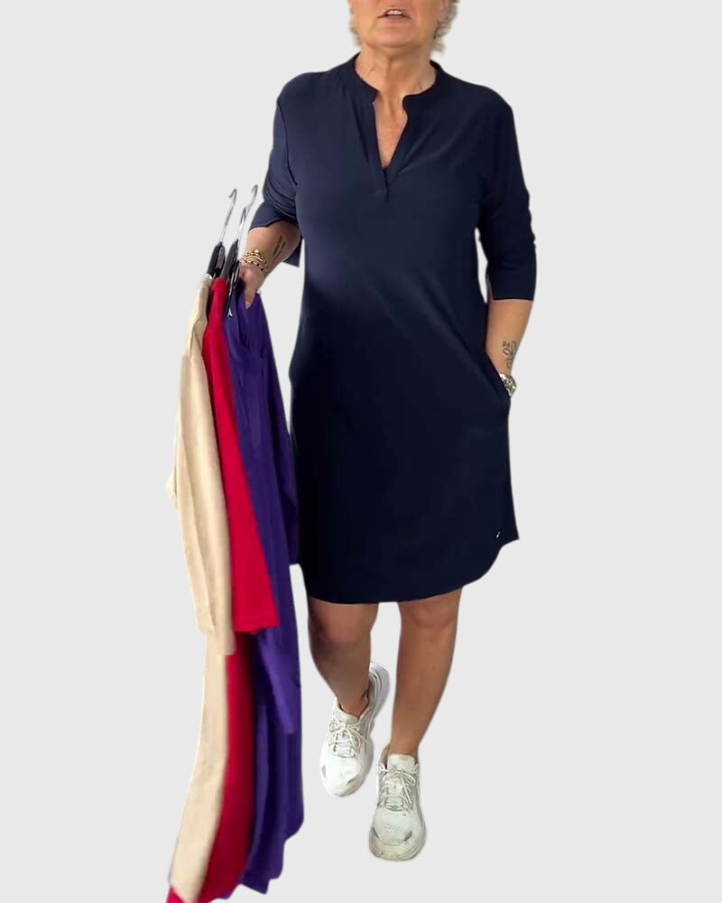 Katherine | Unifarbenes V-Ausschnitt-Kleid