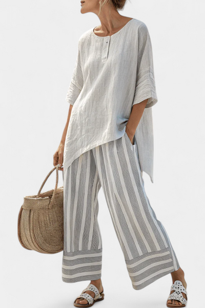 Talvora | Elegante asymmetrische Bluse & gestreifte Hose