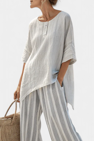 Talvora | Elegante asymmetrische Bluse & gestreifte Hose