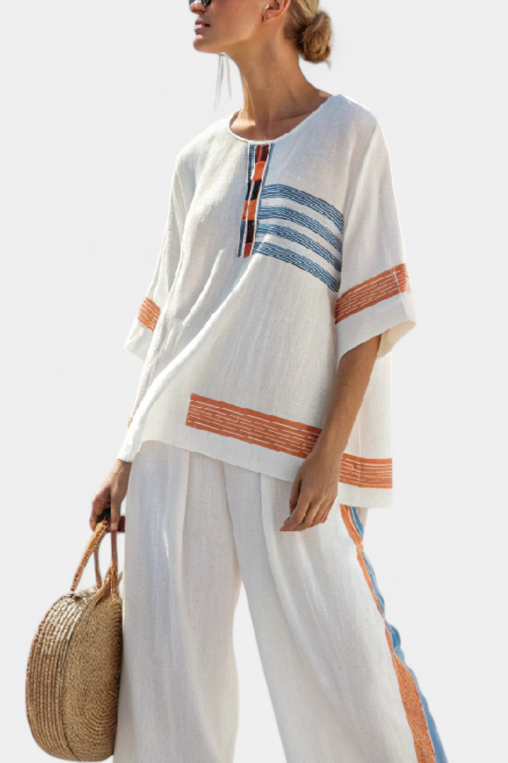 Marcellin | Raffiniertes Top und Hose mit blau-orangefarbenen Streifen