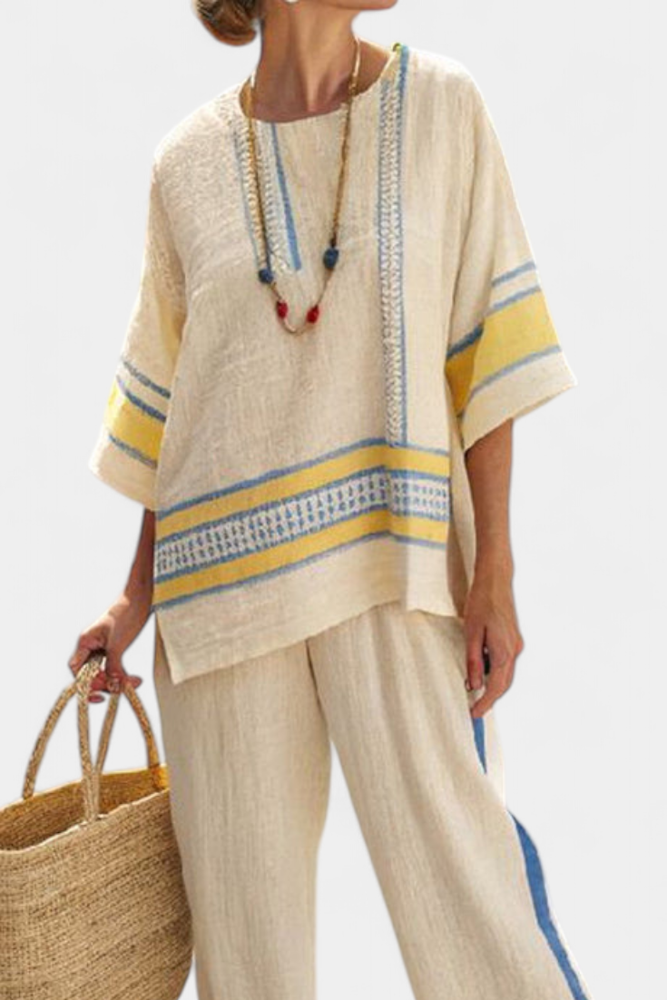 Jaxmere | Bequemes Blau-Gelbes Mediterranes Top & Leinenhose