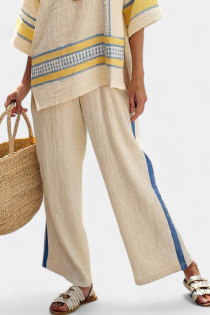 Jaxmere | Bequemes Blau-Gelbes Mediterranes Top & Leinenhose