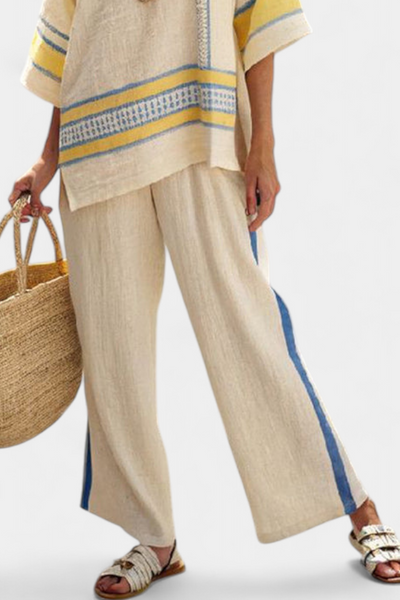 Jaxmere | Bequemes Blau-Gelbes Mediterranes Top & Leinenhose