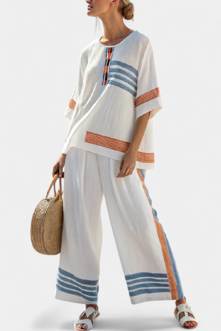 Marcellin | Raffiniertes Top und Hose mit blau-orangefarbenen Streifen