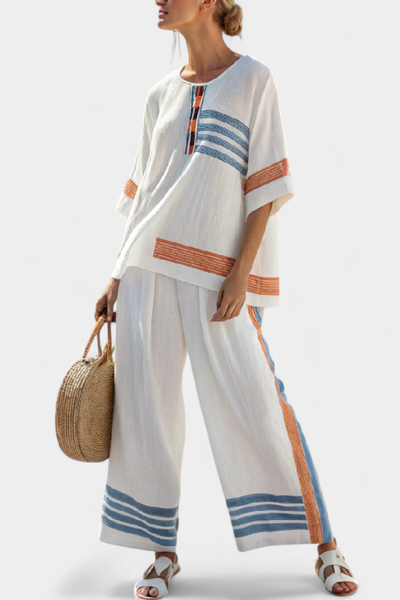 Marcellin | Raffiniertes Top und Hose mit blau-orangefarbenen Streifen