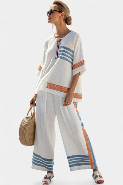 Marcellin | Raffiniertes Top und Hose mit blau-orangefarbenen Streifen
