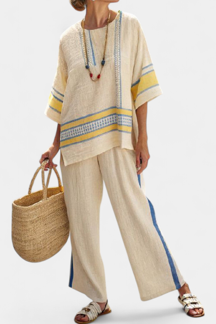 Jaxmere | Bequemes Blau-Gelbes Mediterranes Top & Leinenhose